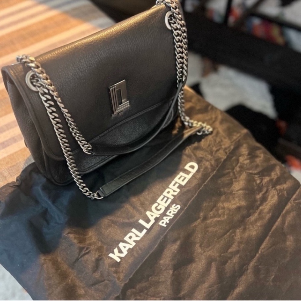 LIKE NEW! Karl Lagerfeld Lyon Black Leather Shoulder Bag satchel purse - Picture 6 of 16